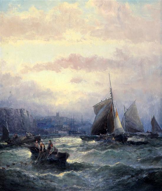 William Thornley (1857-1935) Fishing boats off the coast at Whitby 14 x 12in.